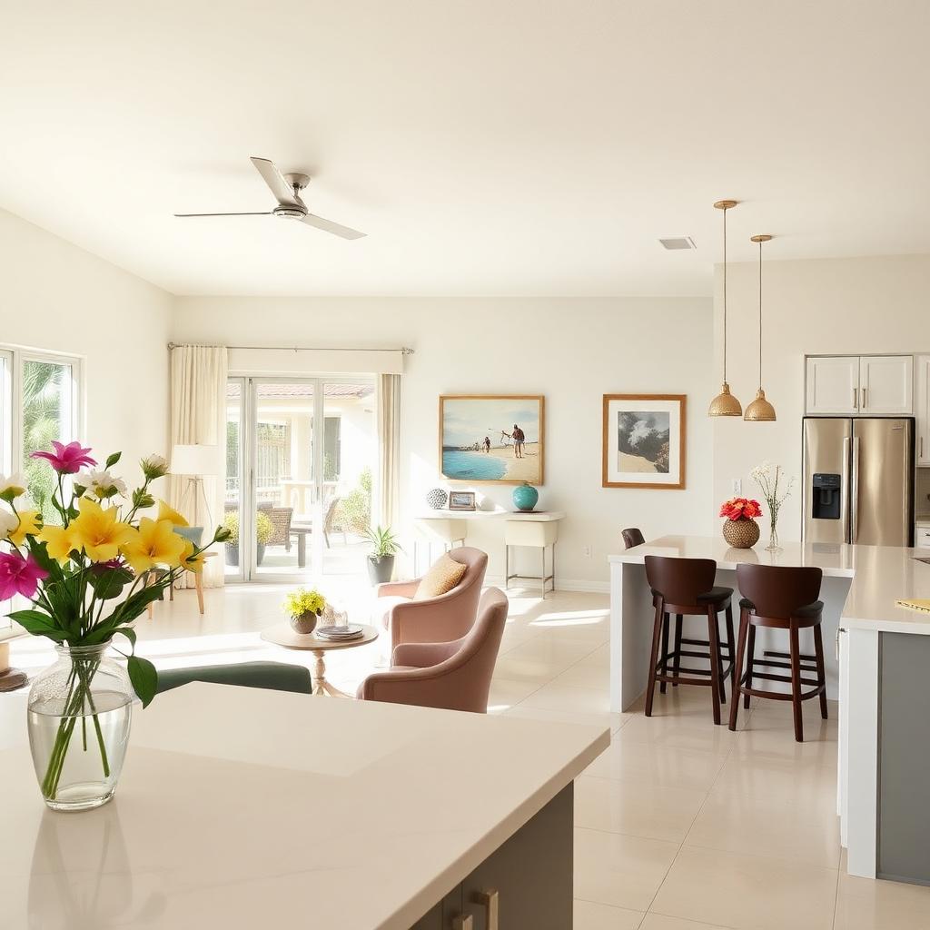 Tidy, bright family home living room and kitchen after everyday house cleaning